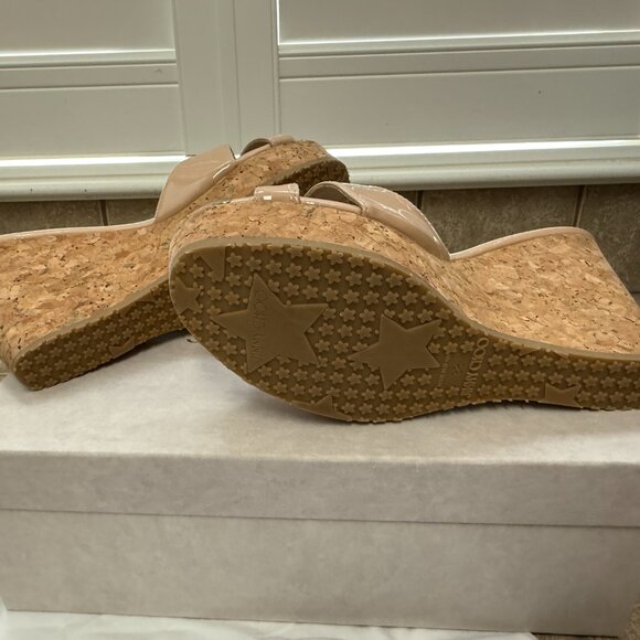 Authentic Jimmy Choo Pandora Beige Patent Leather Cork Wedge Sandals NIB  38 - Picture 5 of 6